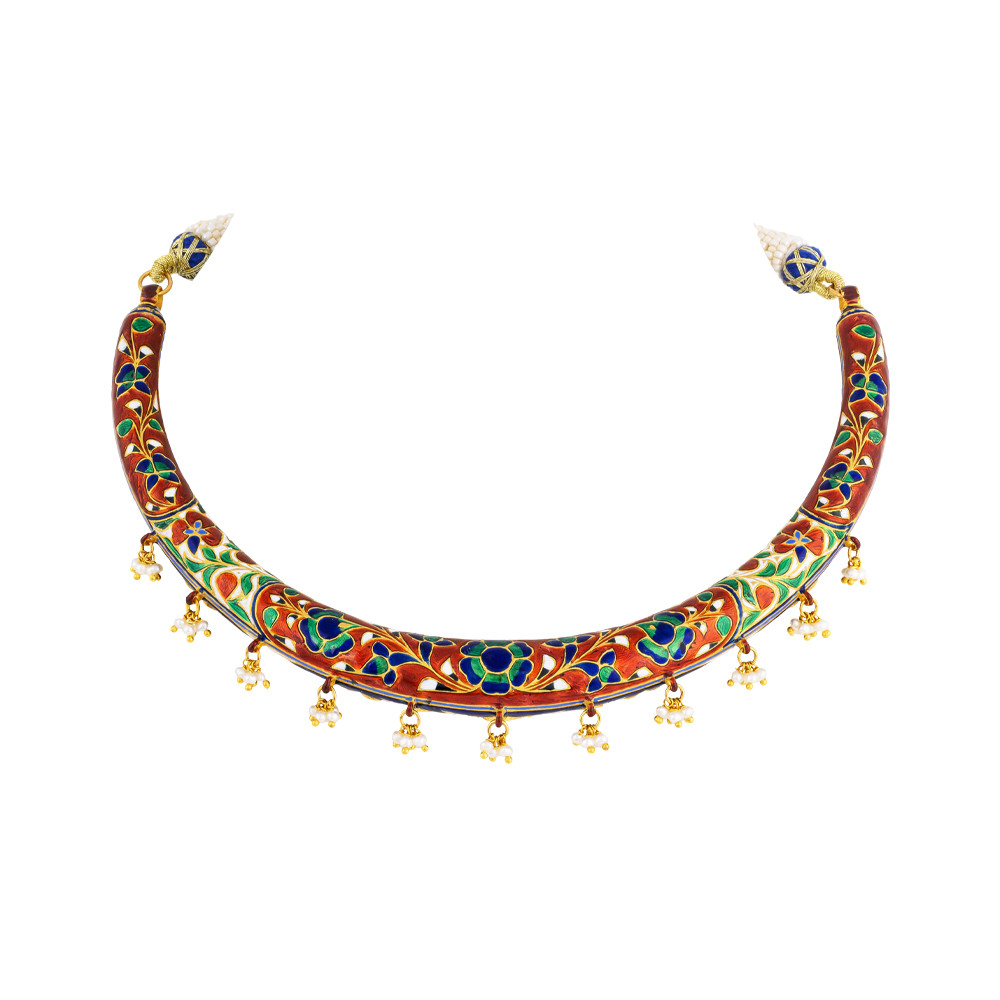 Blue Enamel Hasli Necklace Set with Polki Floral Motifs & Pearls